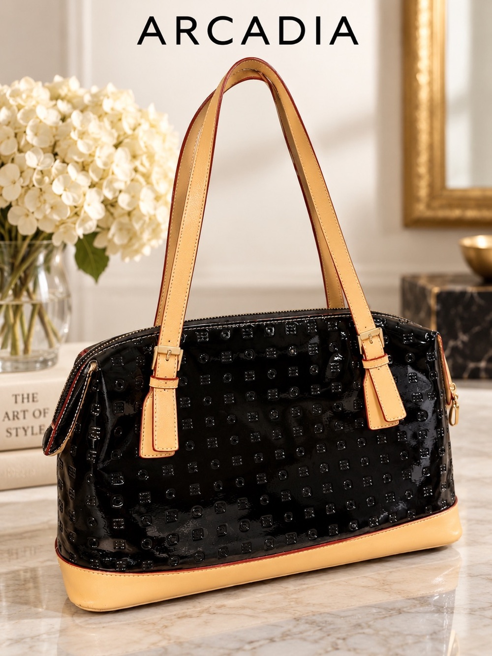 ARCADIA Black Patent Leather Tote Bag Made in Italy
